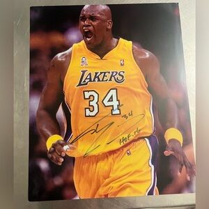 Signed Shaquille O’Neal Lakers 8x10 Photo“HOF 16” Inscription With Display Stand